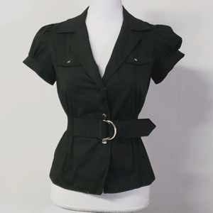 Black Belted Top with Puffy Sleeves and Pockets